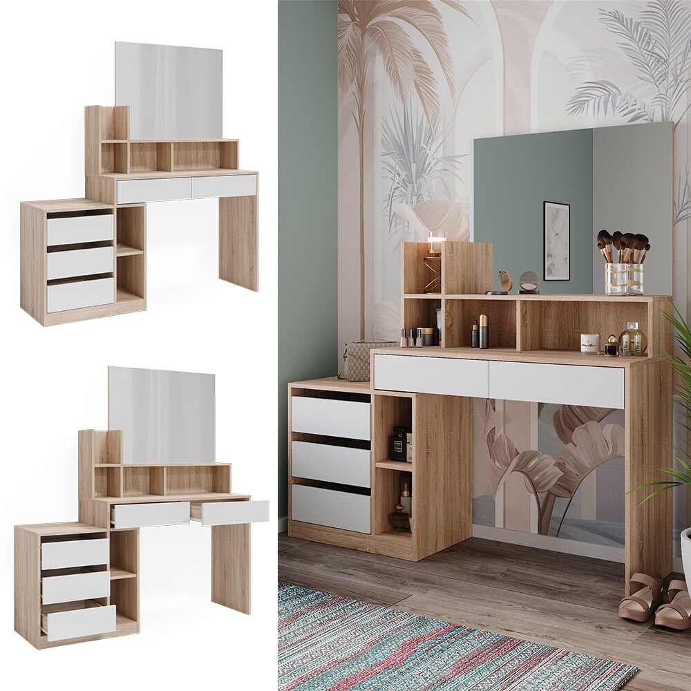 Vicco Schminktisch Anja 139,8 x 115 cm Sonoma Wei&szlig; Spiegel Frisiertisch modern 
