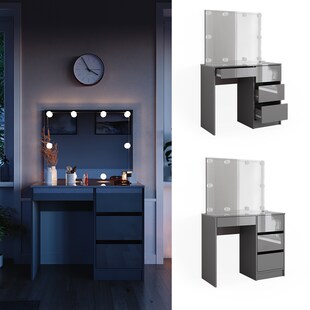 Vicco Schminktisch Sherry Grau Hochglanz, 90 x 75 cm, Spiegel, LED, Frisiertisch 