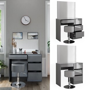 Vicco Schminktisch Sherry Grau Hochglanz, 90 x 75 cm, Spiegel, Hocker, Frisiertisch 