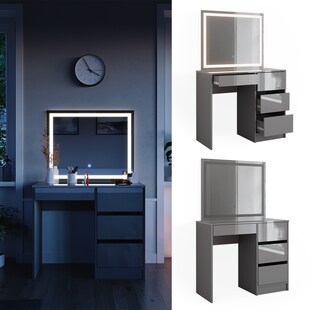 Vicco Schminktisch Sherry Grau Hochglanz 90 x 75 cm LED-Spiegel, Frisiertisch 