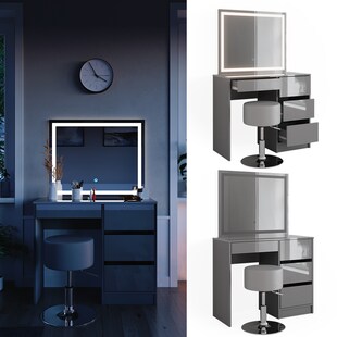 Vicco Schminktisch Sherry Grau Hochglanz 90 x 75 cm LED-Spiegel & Hocker Frisiertisch 