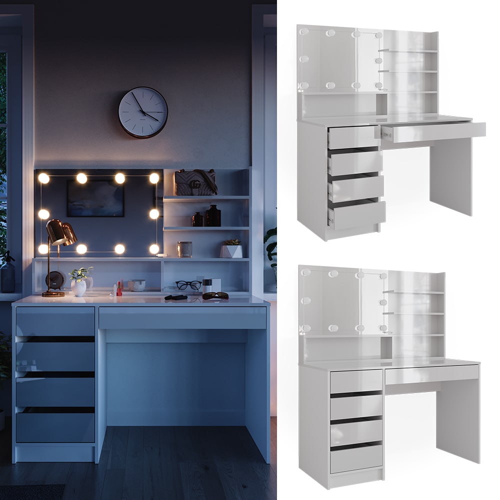 Vicco Schminktisch Sherry Wei&szlig; Hochglanz 120 x 75 cm Spiegel Regal LED modern 
