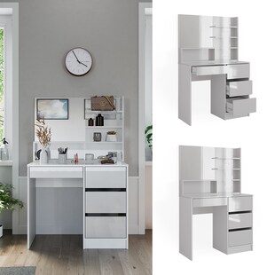 Vicco Schminktisch Sherry Weiß Hochglanz 90 x 75 cm Spiegel Regal Frisiertisch 