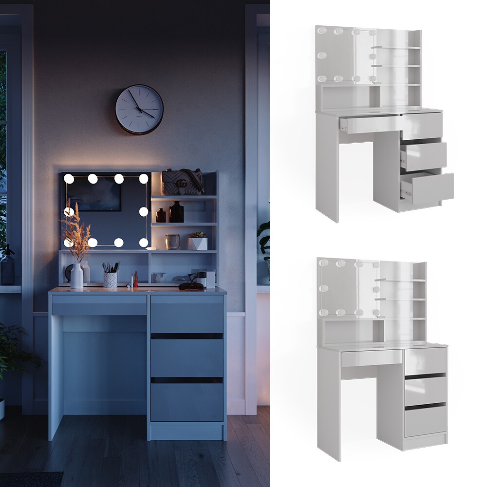 Vicco Schminktisch Sherry Wei&szlig; Hochglanz 90 x 75 cm Spiegel Regal LED modern 