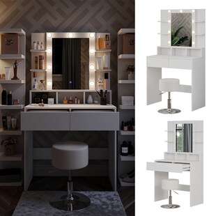 Vicco Schminktisch Taylor 80 x 146,5 cm Weiß modern LED Spiegel Hocker Frisiertisch 