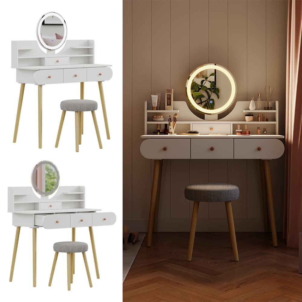 Vicco Schminktisch Edda LED-Spiegel Hocker 100 x 76 cm Wei&szlig; Frisiertisch modern 