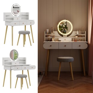 Vicco Schminktisch Edda LED-Spiegel Hocker 100 x 76 cm Weiß Frisiertisch modern 