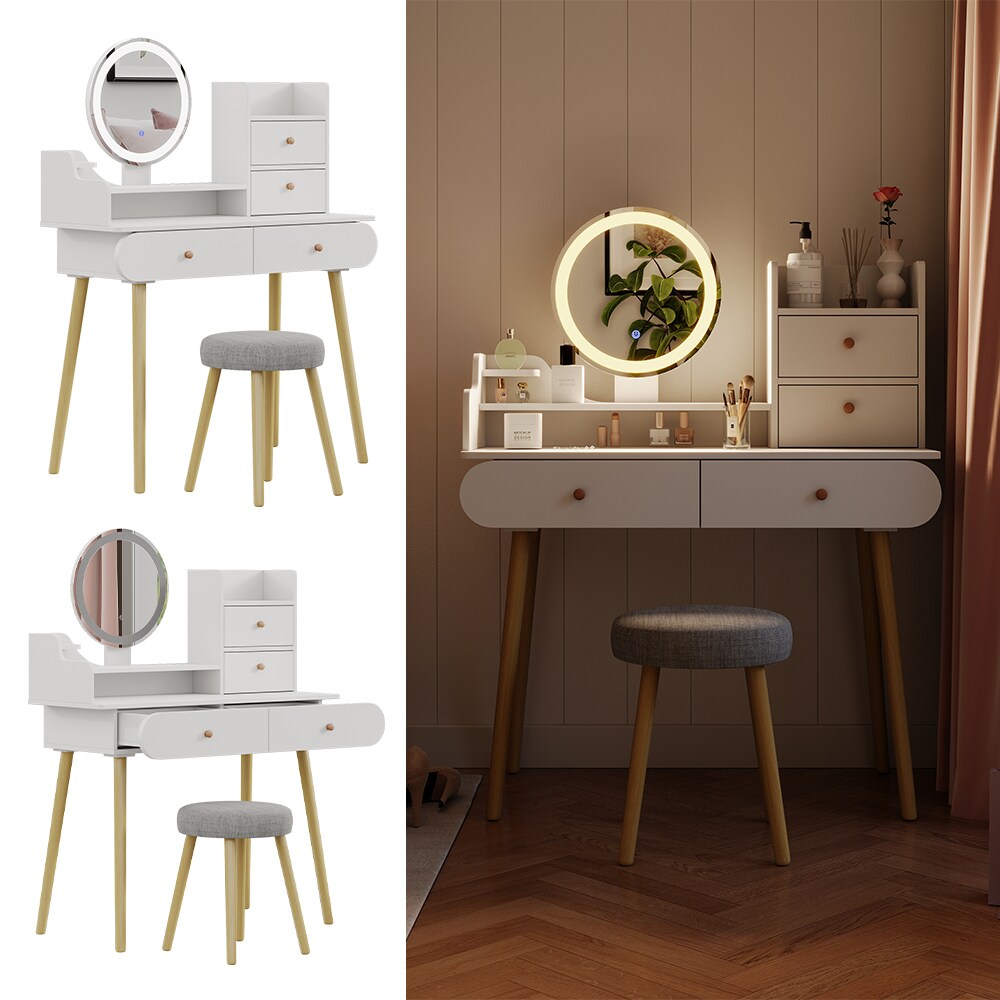 Vicco Schminktisch Edda LED-Spiegel Hocker 100 x 76 cm Wei&szlig; Frisiertisch modern 