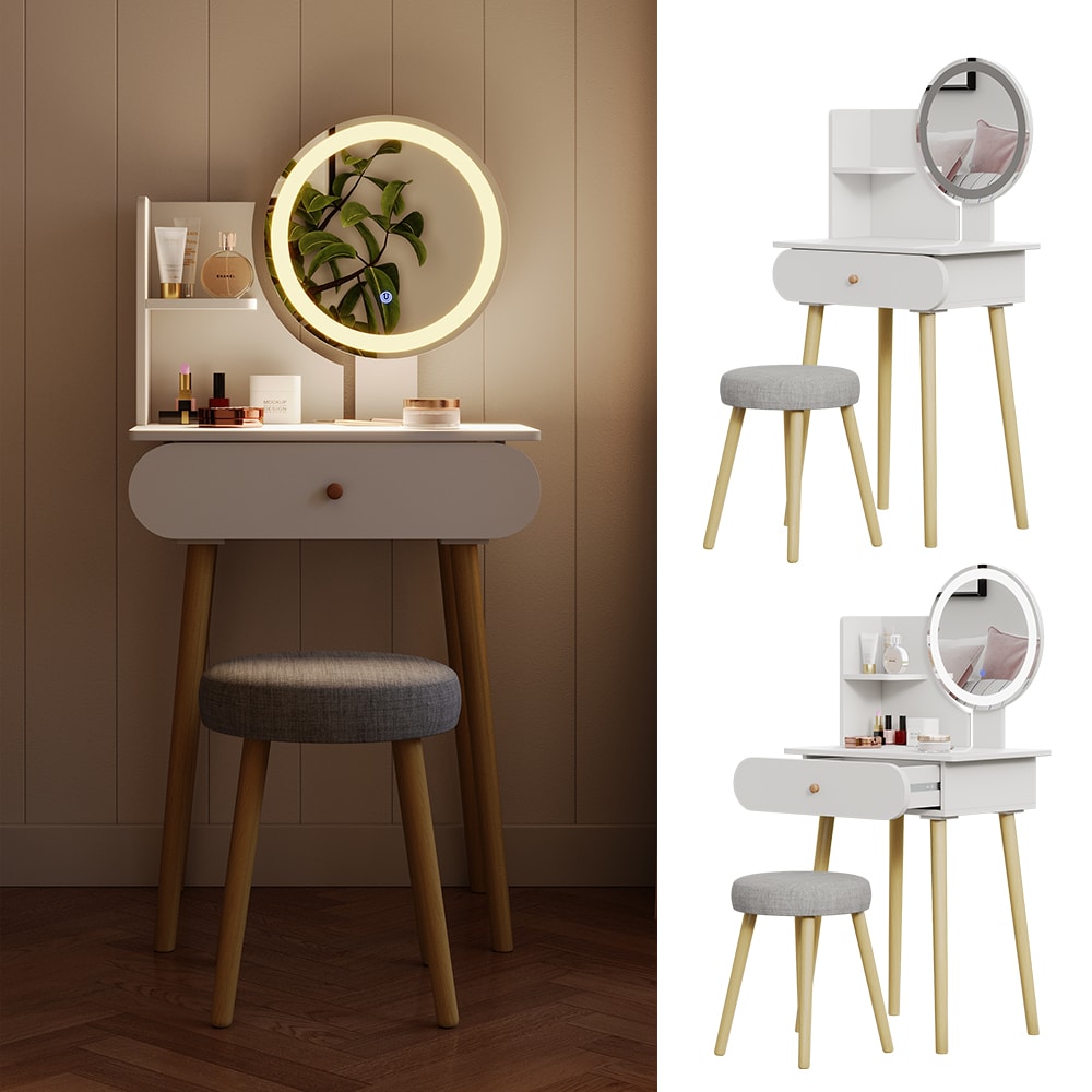 Vicco Schminktisch Edda LED-Spiegel Hocker 60 x 76 cm Wei&szlig; Frisiertisch modern 