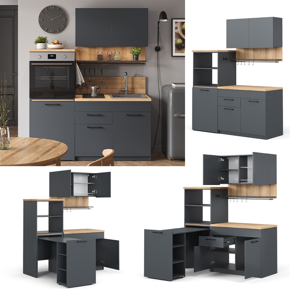 Vicco Singlek&uuml;che K&uuml;chenzeile Egbert Anthrazit Eiche 160 cm modern ausziehbarer Tisch 