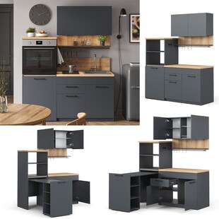 Vicco Singleküche Küchenzeile Egbert Anthrazit Eiche 160 cm modern ausziehbarer Tisch 