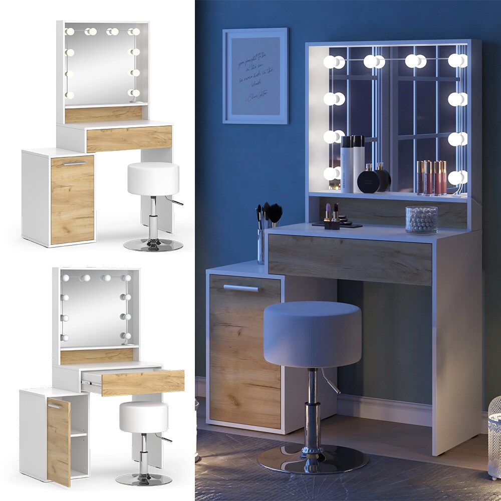 Vicco Schminktisch Altea 95 x 145 cm Wei&szlig; Eiche Frisiertisch Spiegel Hocker LED 
