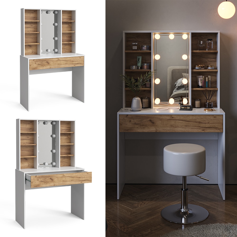 Vicco Schminktisch Alexa 93 x 147 cm Wei&szlig; Eiche LED-Lampen Frisiertisch modern 