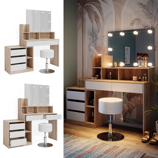 Vicco Schminktisch Anja 139,8 x 115 cm Sonoma Weiß Spiegel Hocker LED modern 