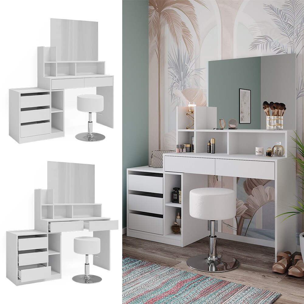 Vicco Schminktisch Anja 139,8 x 115 cm Wei&szlig; Spiegel Hocker modern Frisiertisch 