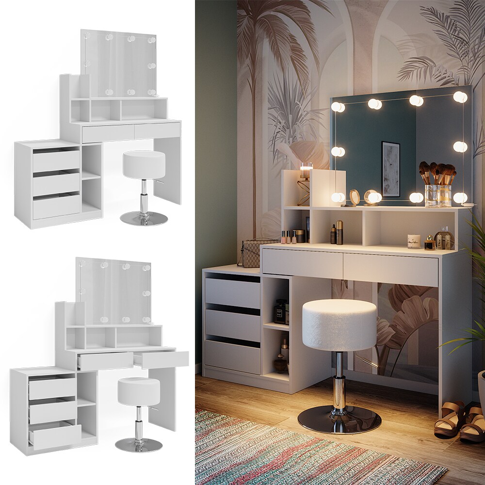 Vicco Schminktisch Anja 139,8 x 115 cm Wei&szlig; Spiegel Hocker LED Frisiertisch 