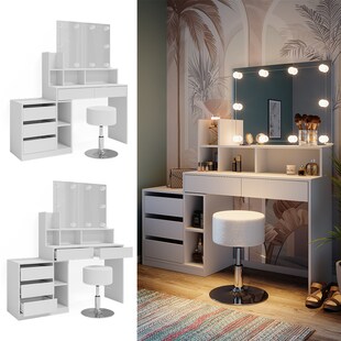 Vicco Schminktisch Anja 139,8 x 115 cm Weiß Spiegel Hocker LED Frisiertisch 