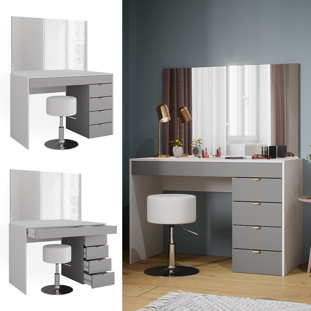 Vicco Schminktisch Elise Wei&szlig; Grau 115 x 76 cm modern Frisiertisch Schubladen Spiegel Hocker 