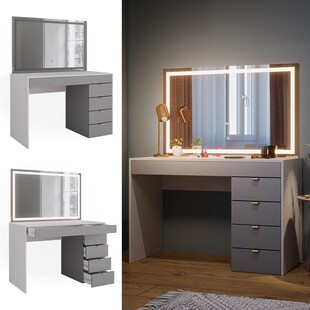 Vicco Schminktisch Elise Weiß Grau 115 x 76 cm modern Frisiertisch Schubladen LED-Spiegel 