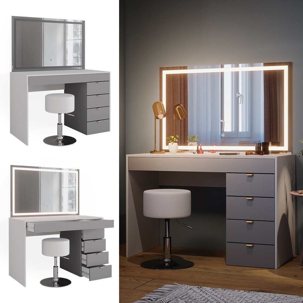 Vicco Schminktisch Elise Wei&szlig; Grau 115 x 76 cm modern Frisiertisch Schubladen LED-Spiegel Hocker 