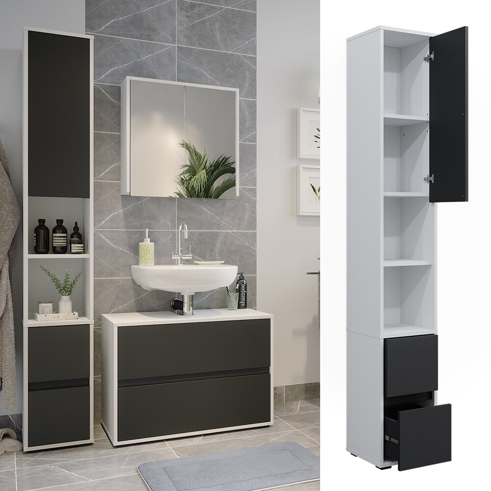 Vicco Hochschrank Maltin Wei&szlig; Anthrazit 30 x 189 cm Badezimmer 