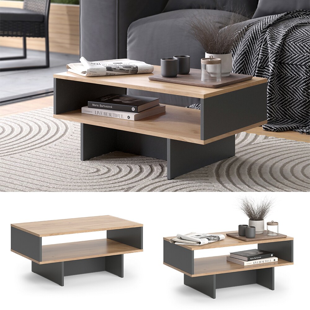 Vicco Couchtisch Josef Anthrazit Eiche 80 x 35 cm Wohnzimmertisch mit Regal modern 