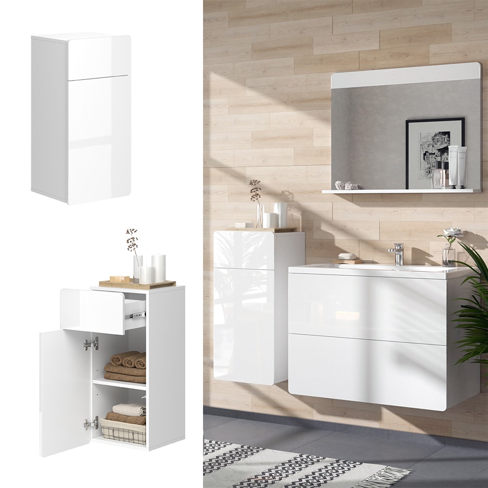 Vicco Midischrank Izan Wei&szlig; Hochglanz 37 x 77 cm mit Schublade und T&uuml;r 