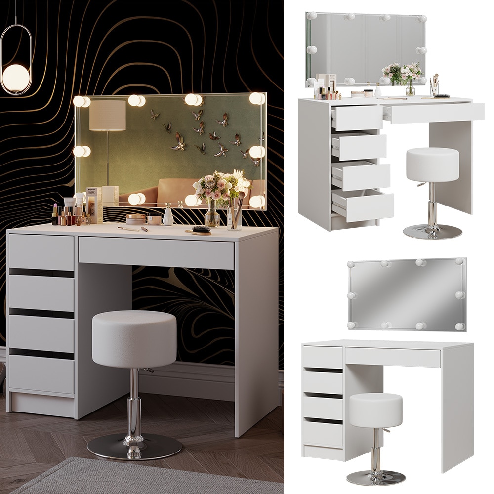 Vicco Schminktisch Thalia Wei&szlig; Hochglanz 100 cm mit LED-Beleuchtung und Hocker 