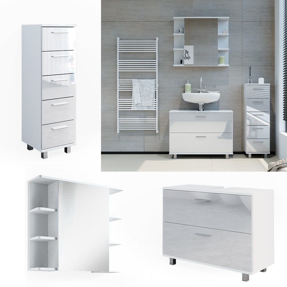 Vicco Badm&ouml;bel-Set Ilias Wei&szlig; Hochglanz modern Waschtischunterschrank Spiegelschrank Midischrank 