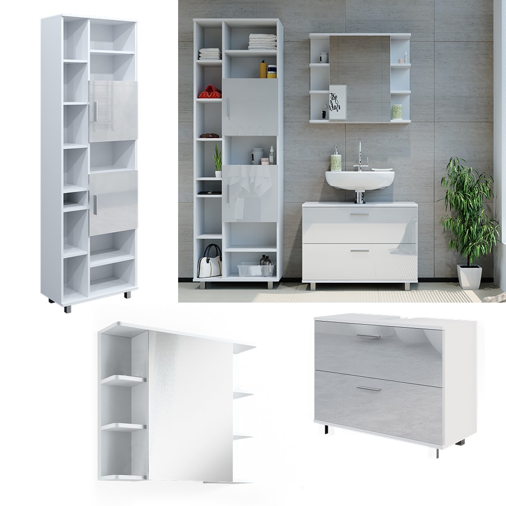 Vicco Badm&ouml;bel-Set Ilias Wei&szlig; Hochglanz modern Waschtischunterschrank Spiegelschrank Hochschrank 
