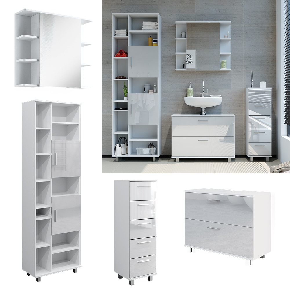 Vicco Badm&ouml;bel-Set Ilias Wei&szlig; Hochglanz modern Waschtischunterschrank Spiegelschrank Midischrank Hochschrank 