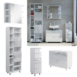 Vicco Badmöbel-Set Ilias Weiß Hochglanz modern Waschtischunterschrank Spiegelschrank Midischrank Hochschrank 