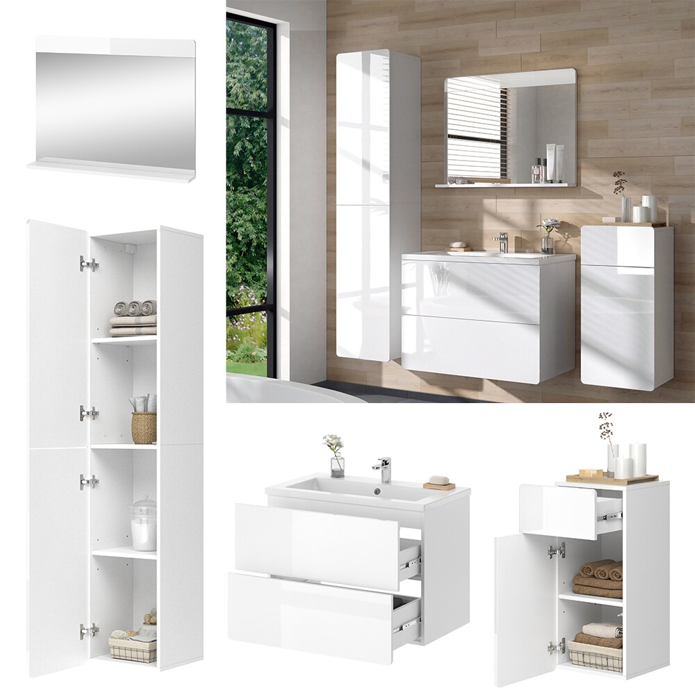 Vicco Badm&ouml;bel-Set Izan Wei&szlig; Hochglanz modern Waschtischunterschrank Waschbecken Badspiegel Midischrank Hochschrank 