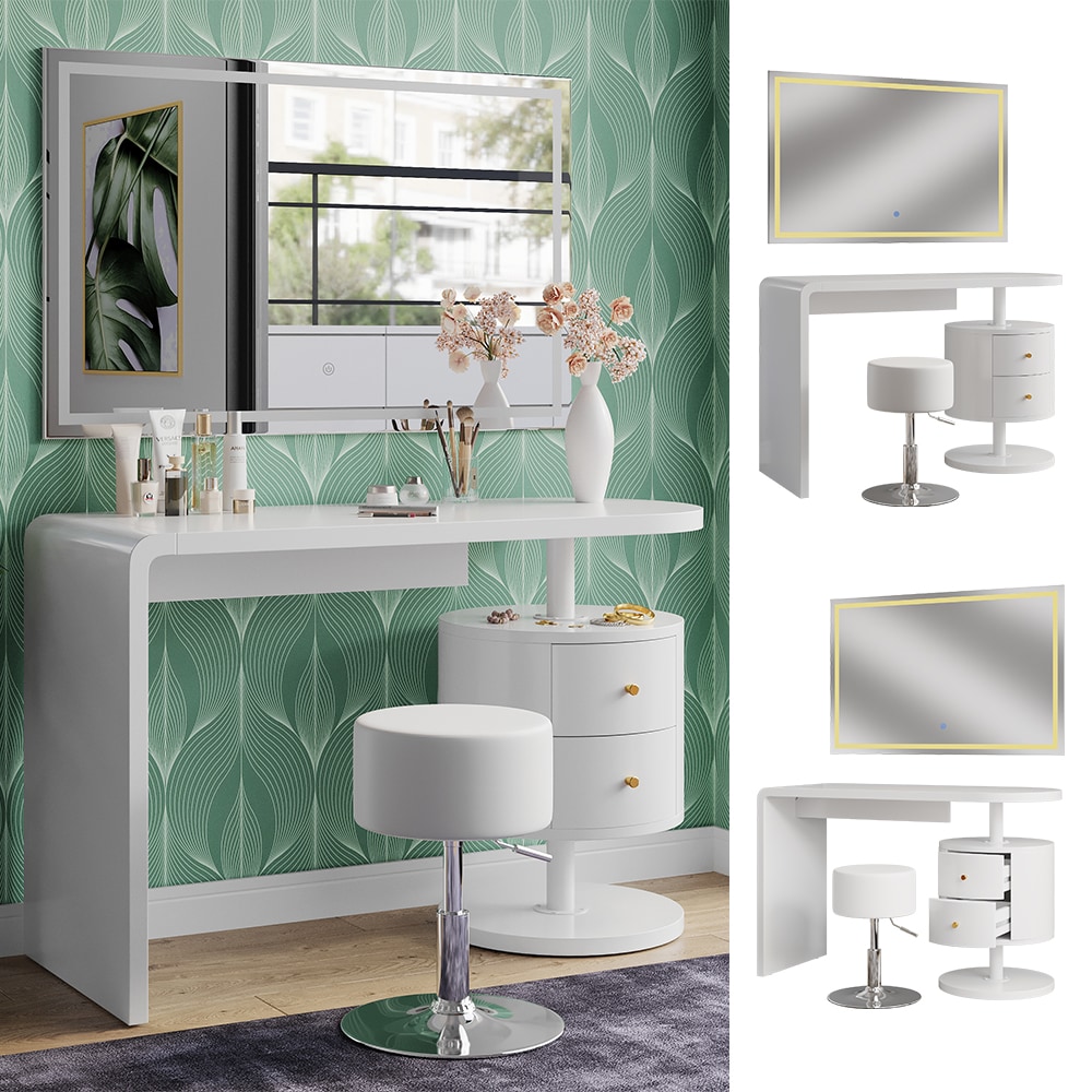 Vicco Schminktisch Lara Wei&szlig; Hochglanz 120 cm LED-Spiegel Hocker 