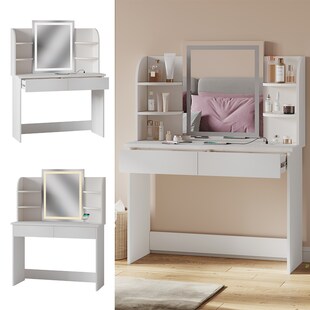 Vicco Schminktisch Charlotte Weiß 106 cm mit LED-Spiegel und QI-Ladestation 