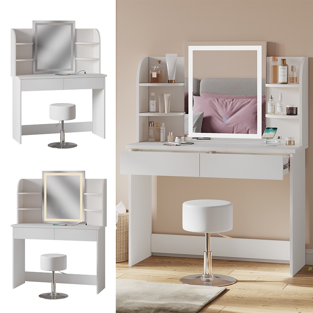 Vicco Schminktisch Charlotte Wei&szlig; 106 cm mit LED-Spiegel QI-Ladestation und Hocker 
