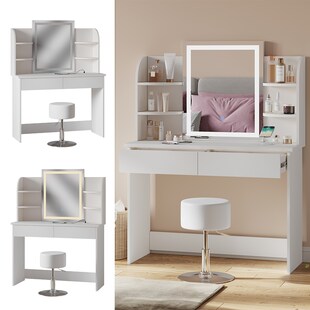 Vicco Schminktisch Charlotte Weiß 106 cm mit LED-Spiegel QI-Ladestation und Hocker 