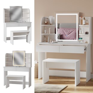 Vicco Schminktisch Charlotte Weiß 106 cm mit LED-Spiegel QI-Ladestation und Bank 