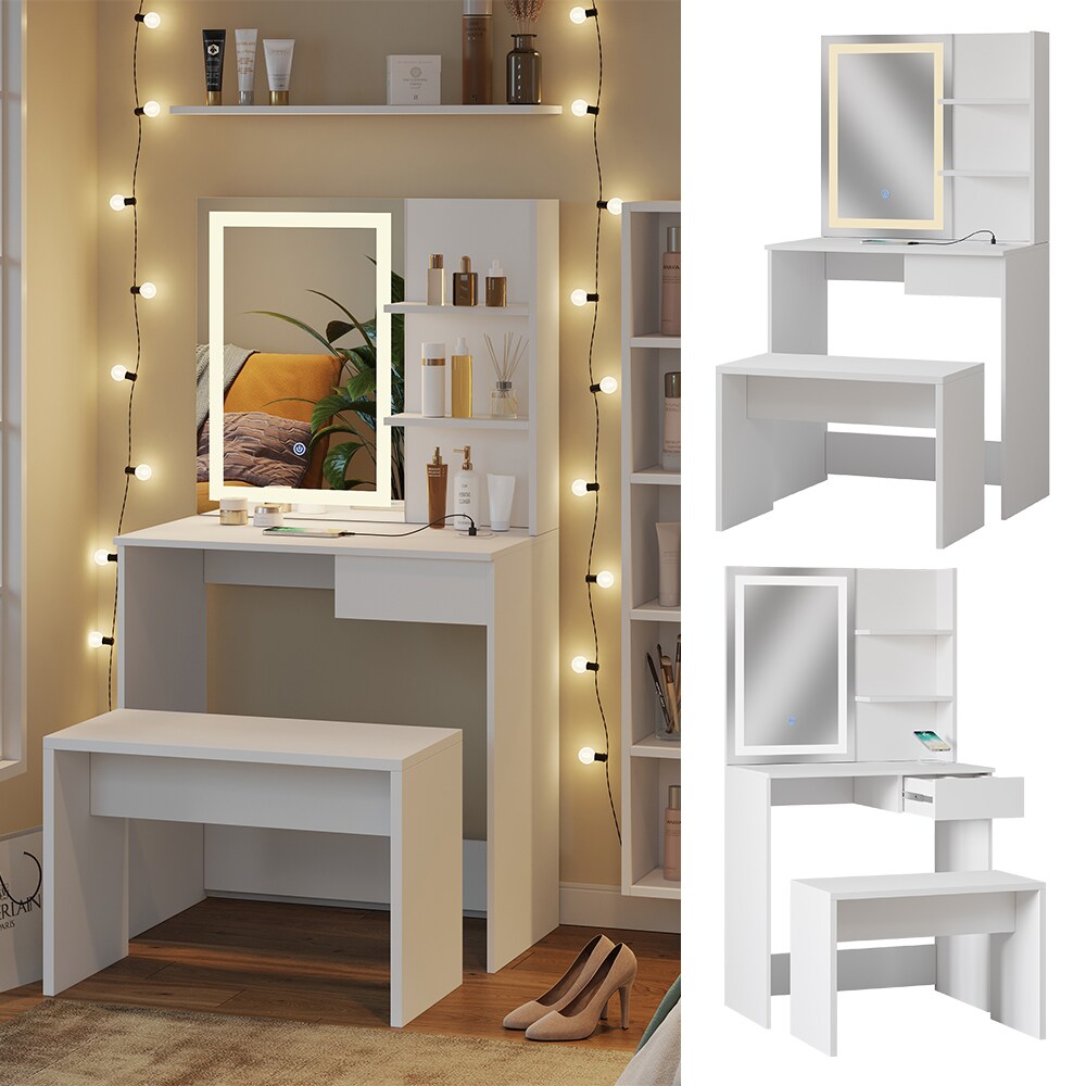 Vicco Schminktisch Dekos Wei&szlig; 75 cm mit LED-Spiegel QI-Ladestation und Bank 