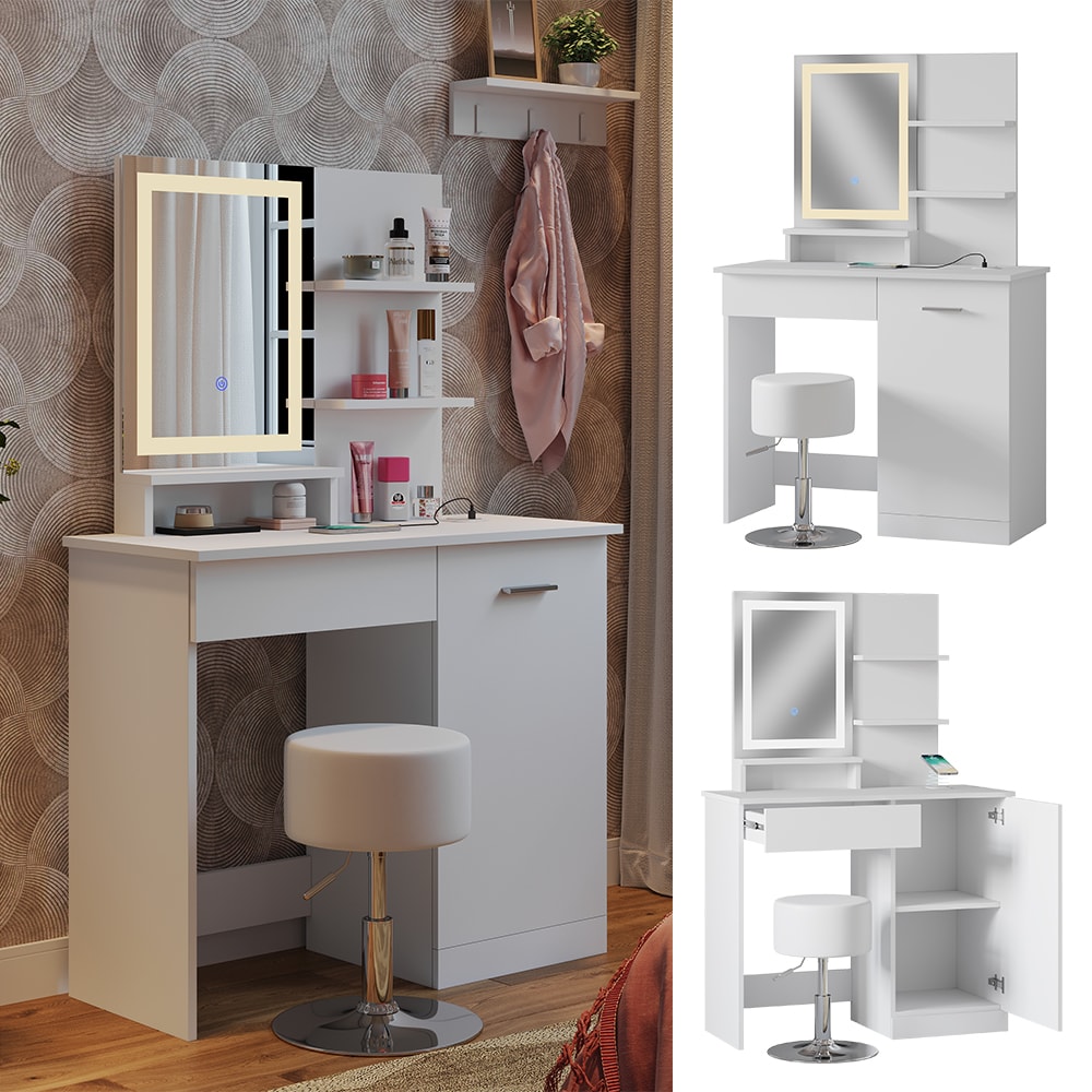 Vicco Schminktisch Julia 90 cm mit LED-Spiegel, QI-Ladeger&auml;t und Hocker 