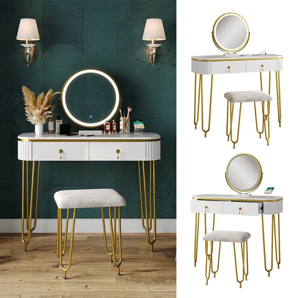 Vicco Schminktisch Grace Wei&szlig; 100 cm LED-Spiegel QI-Ladestation Hocker 