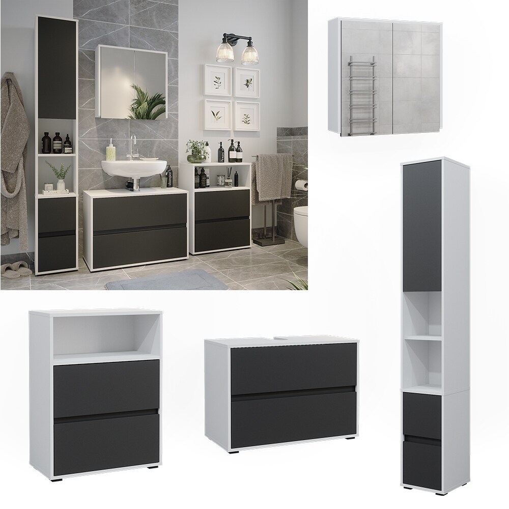 Badm&ouml;bel-Set Maltin Wei&szlig; Anthrazit modern Waschtischunterschrank Spiegelschrank Midischrank Hochschrank 