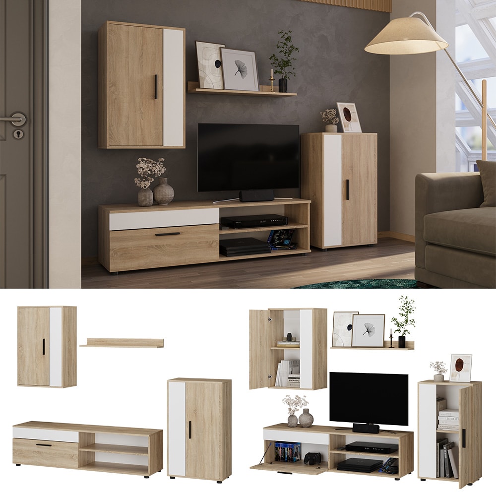 Vicco Wohnwand Berno Sonoma Wei&szlig; Schrankwand 4er-Set Wohnzimmer 