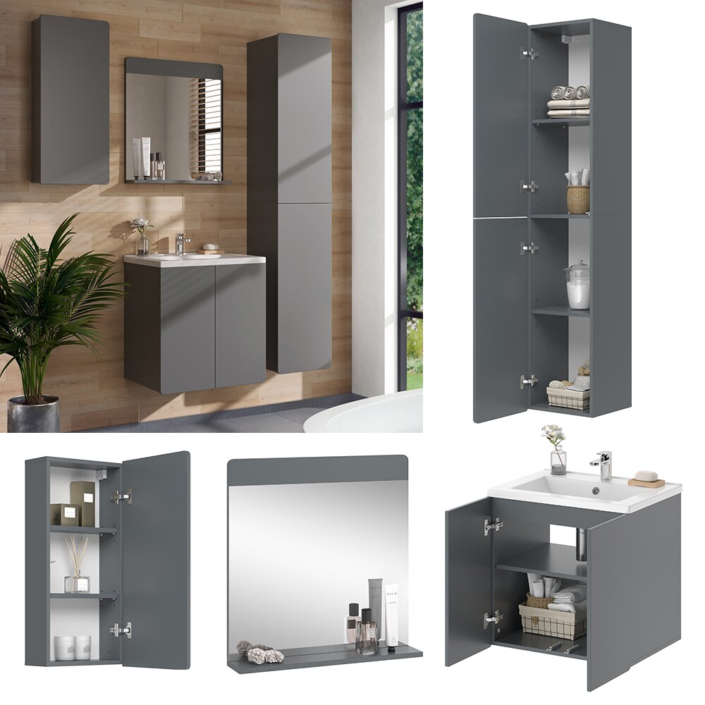 Vicco Badm&ouml;bel-Set Izan Grau modern Waschtischunterschrank Waschbecken Badspiegel H&auml;ngeschrank Hochschrank 