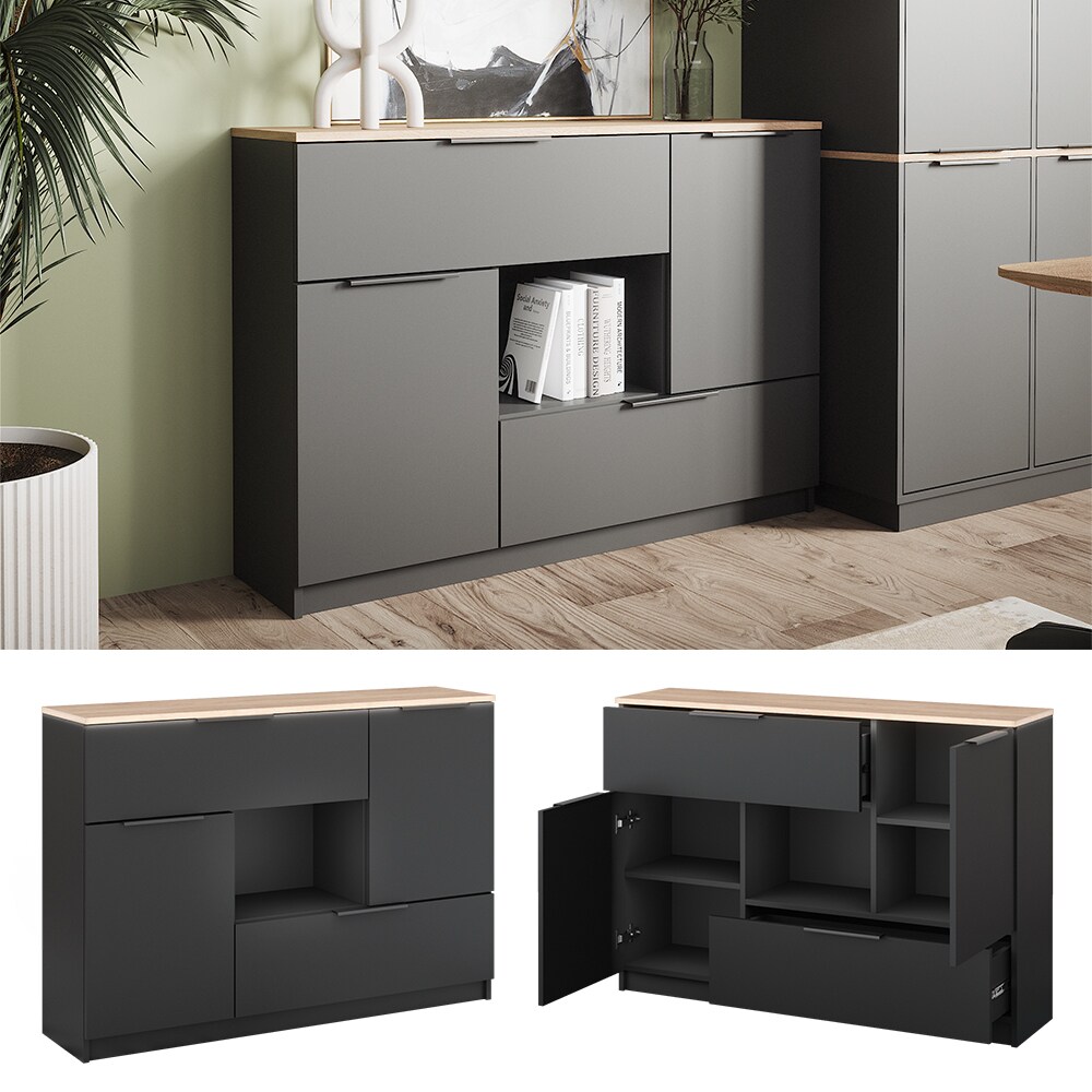 Vicco Sideboard Betti Anthrazit Sonoma 120 x 84 cm 2 T&uuml;ren 2 Schubladen 1 Fach 