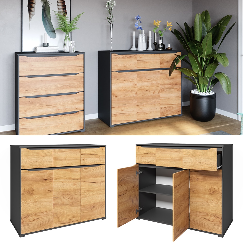 Vicco Kommode Ruben 120 x 102 cm Anthrazit Eiche Sideboard 