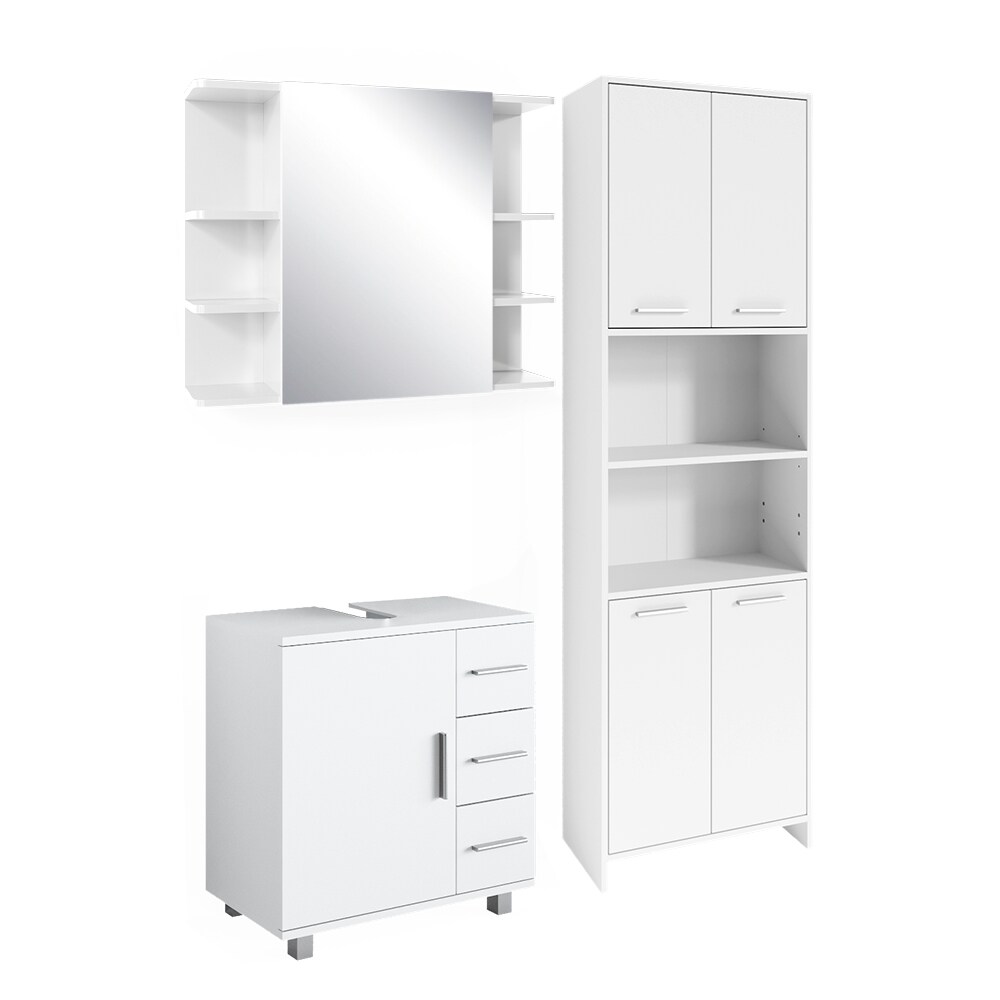 Vicco - Ensemble de meubles de salle de bain Maris, Blanc, 3 pièces, avec armoire haute, armoire de toilette et armoire sous lavabo