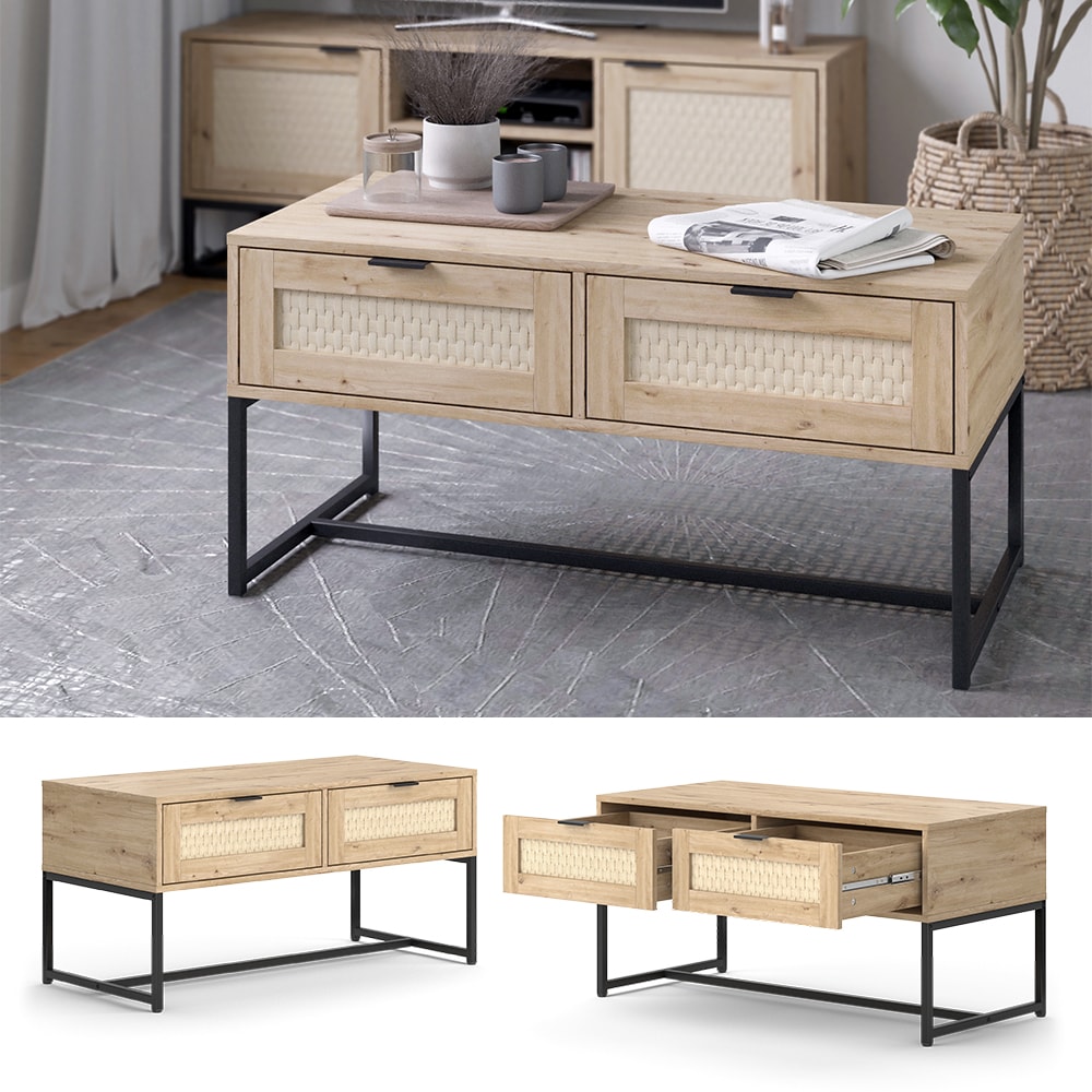 Vicco Couchtisch Natal Eiche 100 x 49,5 cm 2 Schubladen 