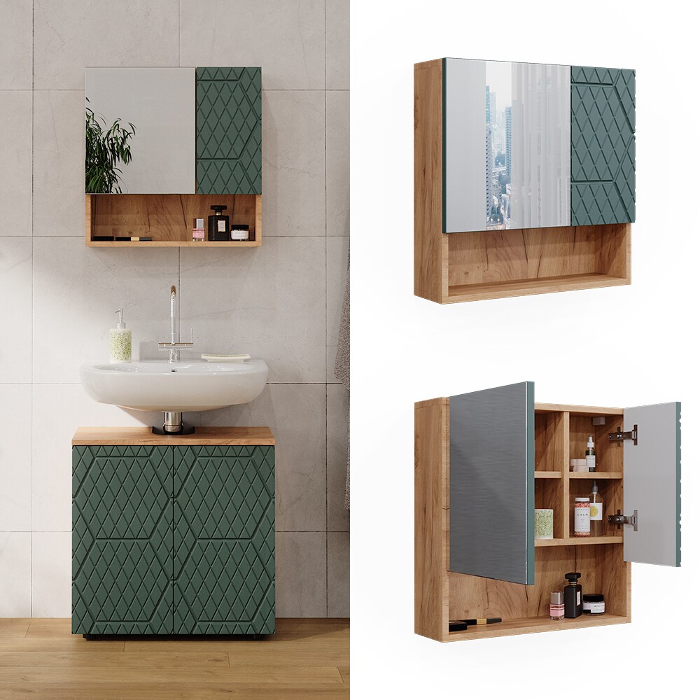 Vicco Badspiegelschrank Irma Eiche Gr&uuml;n 54 x 55 cm Badezimmer 