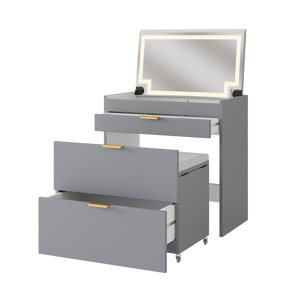 Vicco Schminkkommode Wanja Grau 80 cm mit Bank und LED-Spiegel 